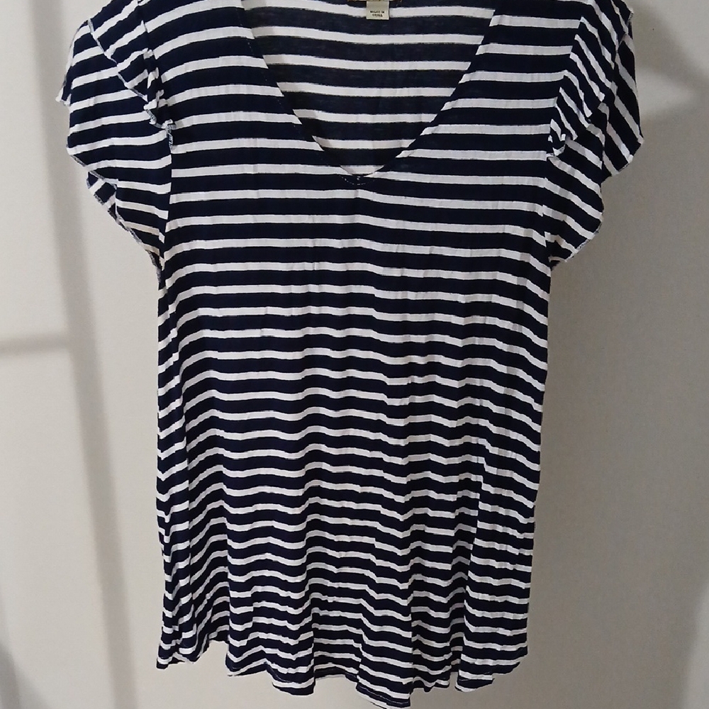 ONE WORLD Black and White Striped Cap Sleeve T-Shirt